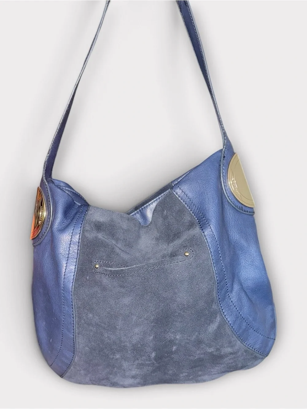 b. makowsky EUC Two-Tone Blue Suede & Leather Slouch Shoulder Bag